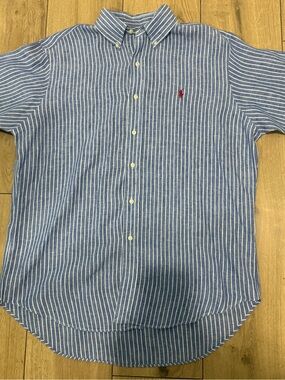 Ralph Lauren Blue and White Striped Button-Down Shirt with Red Pony